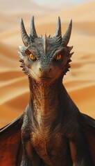 Obraz premium A young dragon stares intently, its golden eyes piercing against the warm hues of the desert landscape.