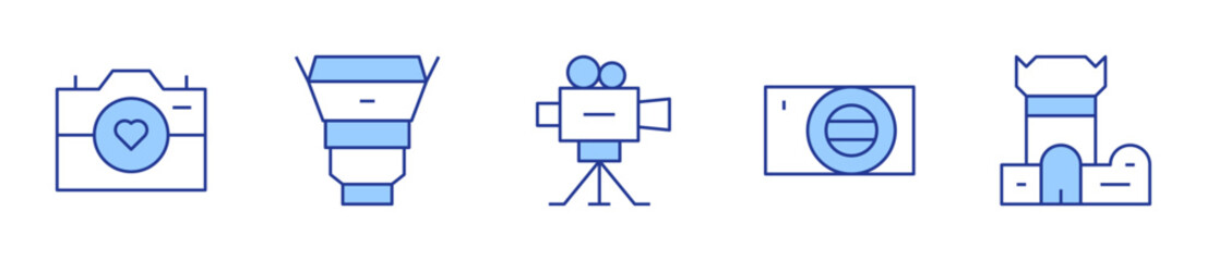 photo camera, cinema camera, digital camera, camera, camera lens. Camera Icon vector illustration. Line Duotone style. Editable stroke