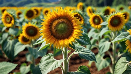 Obraz premium Vibrant sunflower standing tall in a lush Colombian farm landscape showcasing nature's beauty and rich agricultural heritage.