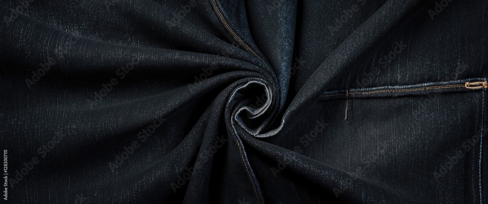 Poster Dark blue denim fabric twisted in a spiral pattern showcasing texture and weave details for textile backgrounds and design elements.