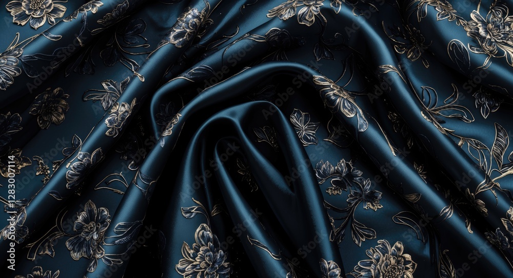 Poster floral patterned fabric texture in dark blue with metallic gold elements elegantly draped and folded