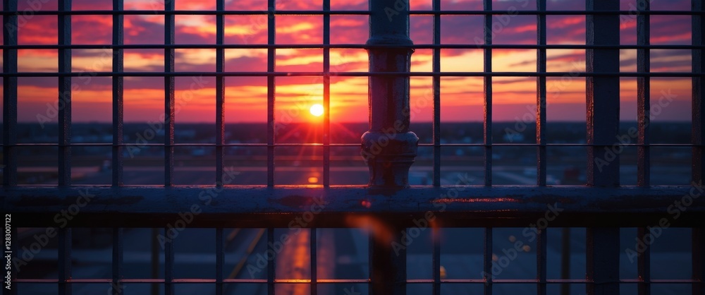 Aufkleber sunset viewed through a metal grid with vibrant colors and clouds in the sky during twilight hours.