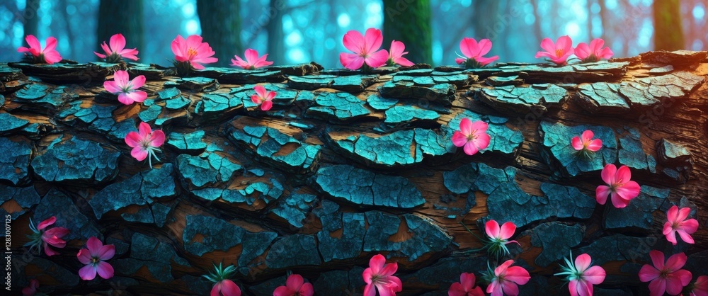 Poster colorful pink flowers on a textured wooden log in a misty forest environment with blurred trees in t
