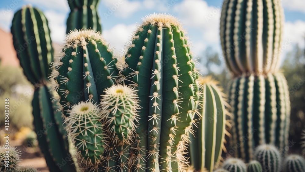 Poster cactus succulent cluster with spines detailed close-up and soft focus background for text overlay an
