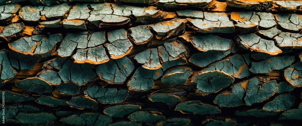 Poster detailed close-up of cracked bark texture on a tree trunk showcasing natural aging and weathering pa