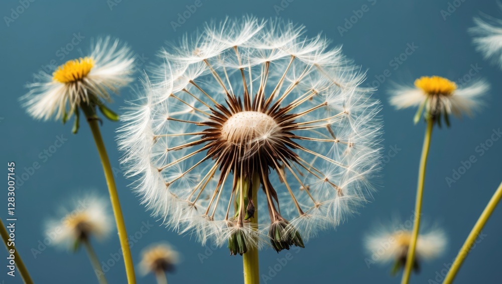 Leinwandbilder dandelion seeds with yellow flowers against a blue background in a close-up composition showcasing d