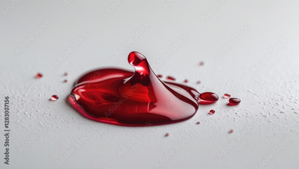 Aufkleber Red liquid droplet on a white surface with smooth and glossy texture forming a small splash and additional droplets surrounding it