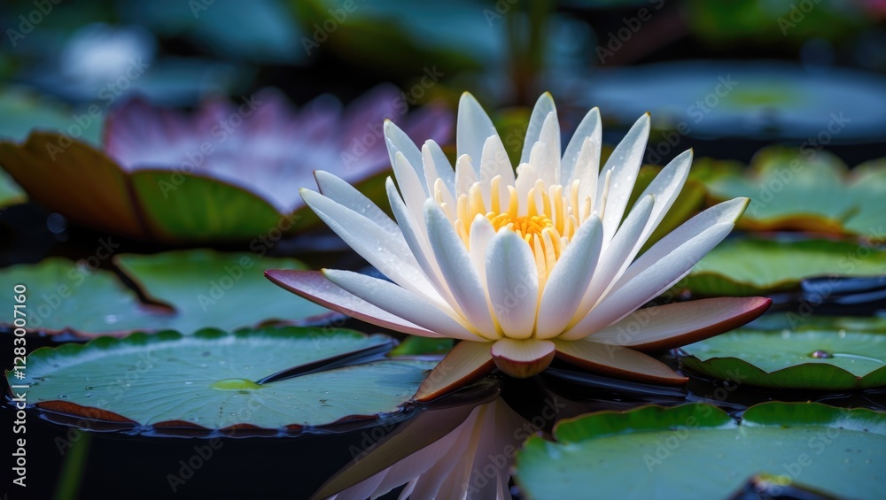 Poster white water lily blooming on calm pond surface surrounded by green lily pads and soft reflections in