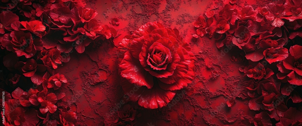 Poster red floral arrangement with layered roses on a textured dark background capturing various shades of 