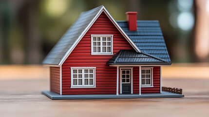 A small model of a red wooden house with a dark roof sits on a wooden surface. The setting is warm and inviting, with a blurred green background.