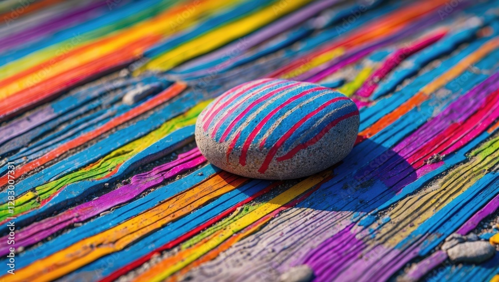 Aufkleber colorful abstract background with painted wooden surface and a smooth stone on top, showcasing vibra