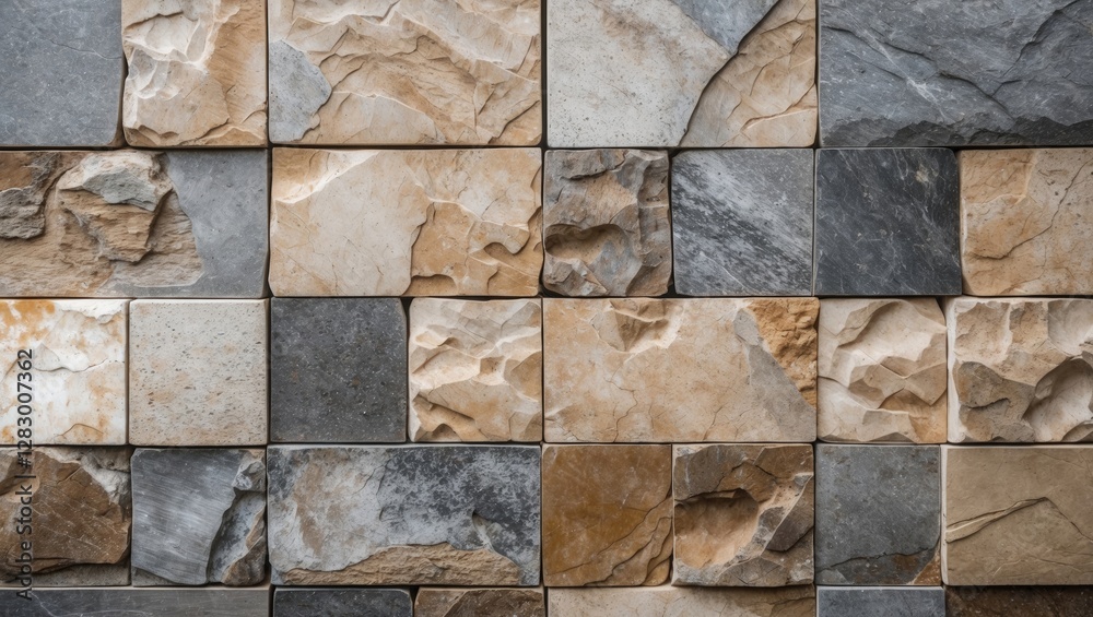 Aufkleber textured stone wall surface with various shades of gray and beige natural stone tiles arranged in a 