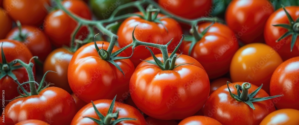 Poster Fresh red tomatoes on vine with green and yellow tomatoes in a colorful display on a flat surface
