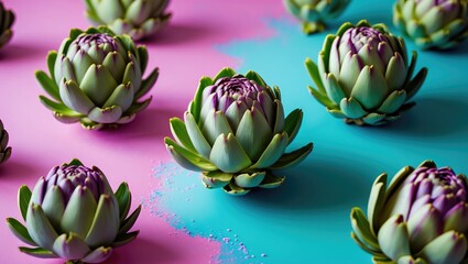 Artichokes arranged artistically on vibrant pink and turquoise background with a vegan theme promoting healthy eating and fresh produce