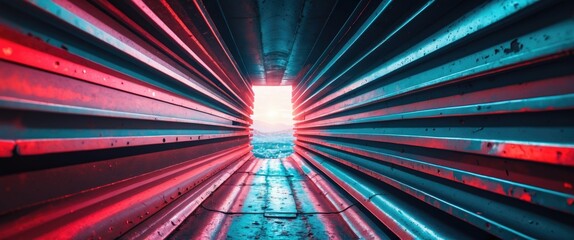 Fototapeta premium Tunnel perspective with metallic walls illuminated by colorful lights creating a vivid contrast and visual depth outside.
