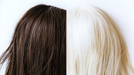 Stylish hair transformation brown and blonde hair comparison studio photography natural light beauty concept