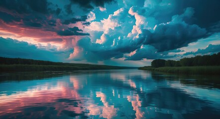 Serene sunset reflections over a calm river with dramatic clouds and vibrant colors in the sky above lush greenery on the banks