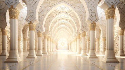 Obraz premium A serene pathway bathed in sunlight, leading through a grand, ornate hall of white pillars and arches, exuding peace and tranquility with warm, glowing light.