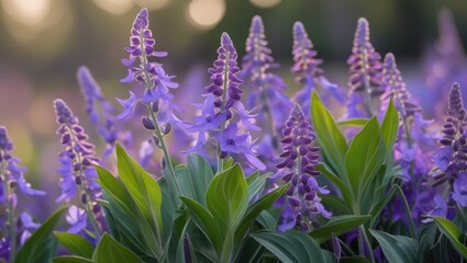 Vibrant purple flowers surrounded by lush green leaves catching the morning light in a serene garden setting.