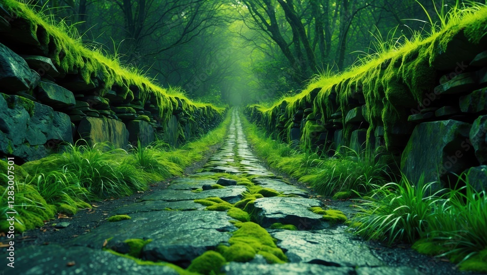 Poster Lush green moss covered stone pathway surrounded by trees creating a tranquil natural scene in a forest environment