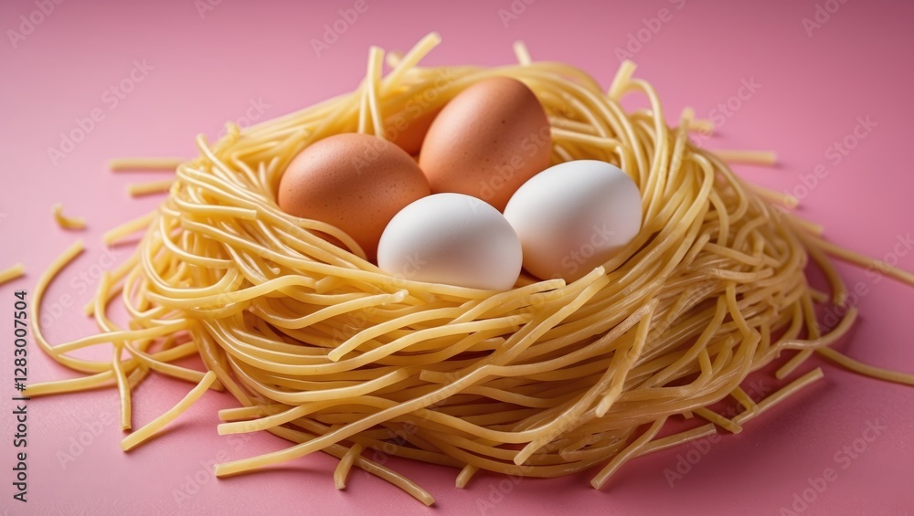 Poster pasta nest with three eggs on pink background showcasing culinary concept of eggs and noodles