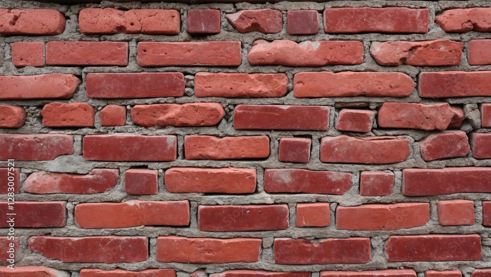 Poster Red brick wall with various textures and colors of bricks, showing mortar gaps and an aged appearance.