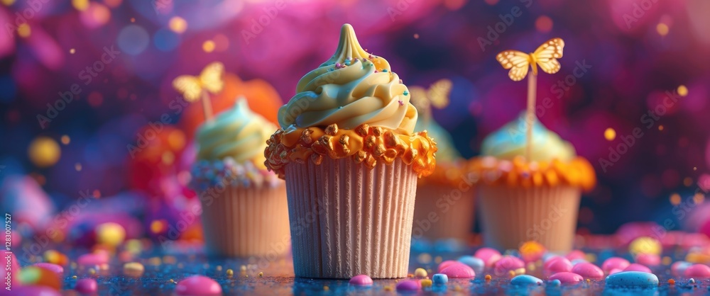 Poster colorful decorated cupcakes with frosting and butterfly toppers against a vibrant blurred background