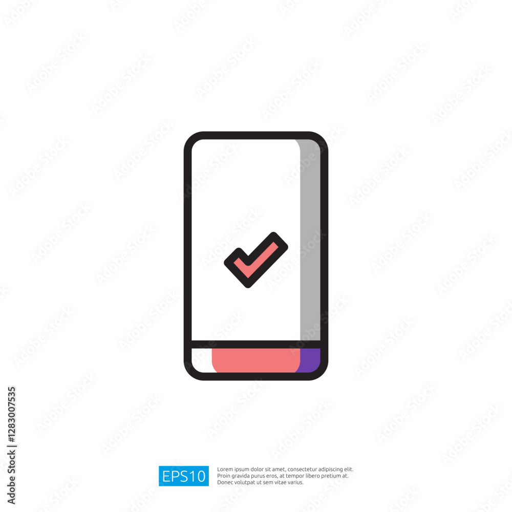 Poster mobile application icon with checkmark confirmation on simple background representing technology and