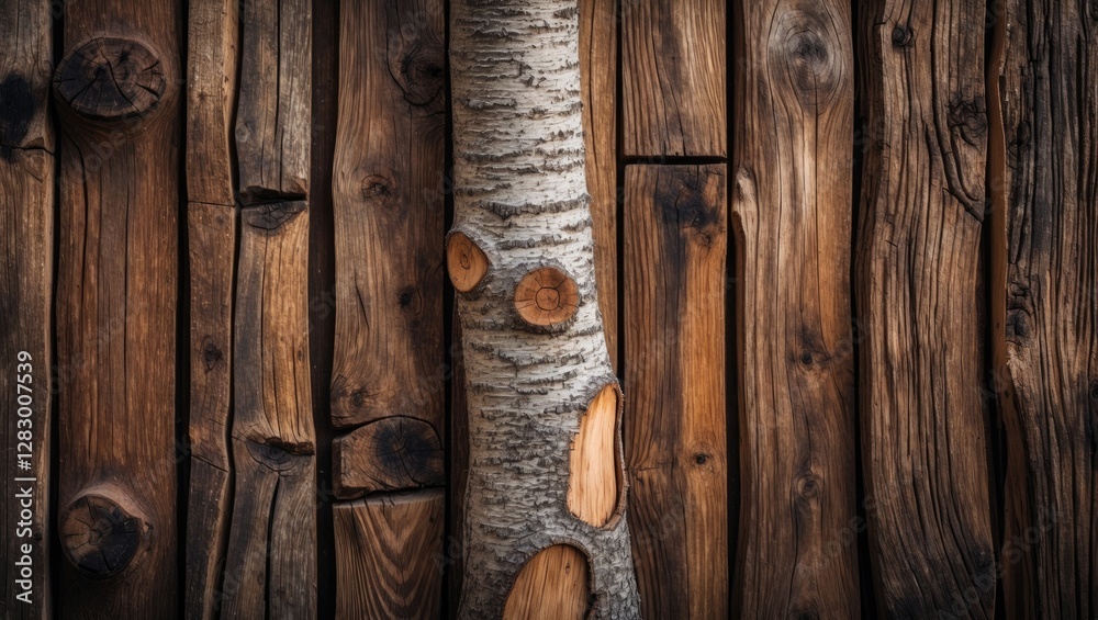 Poster textured wooden background with a birch tree trunk surrounded by various wooden planks in natural to