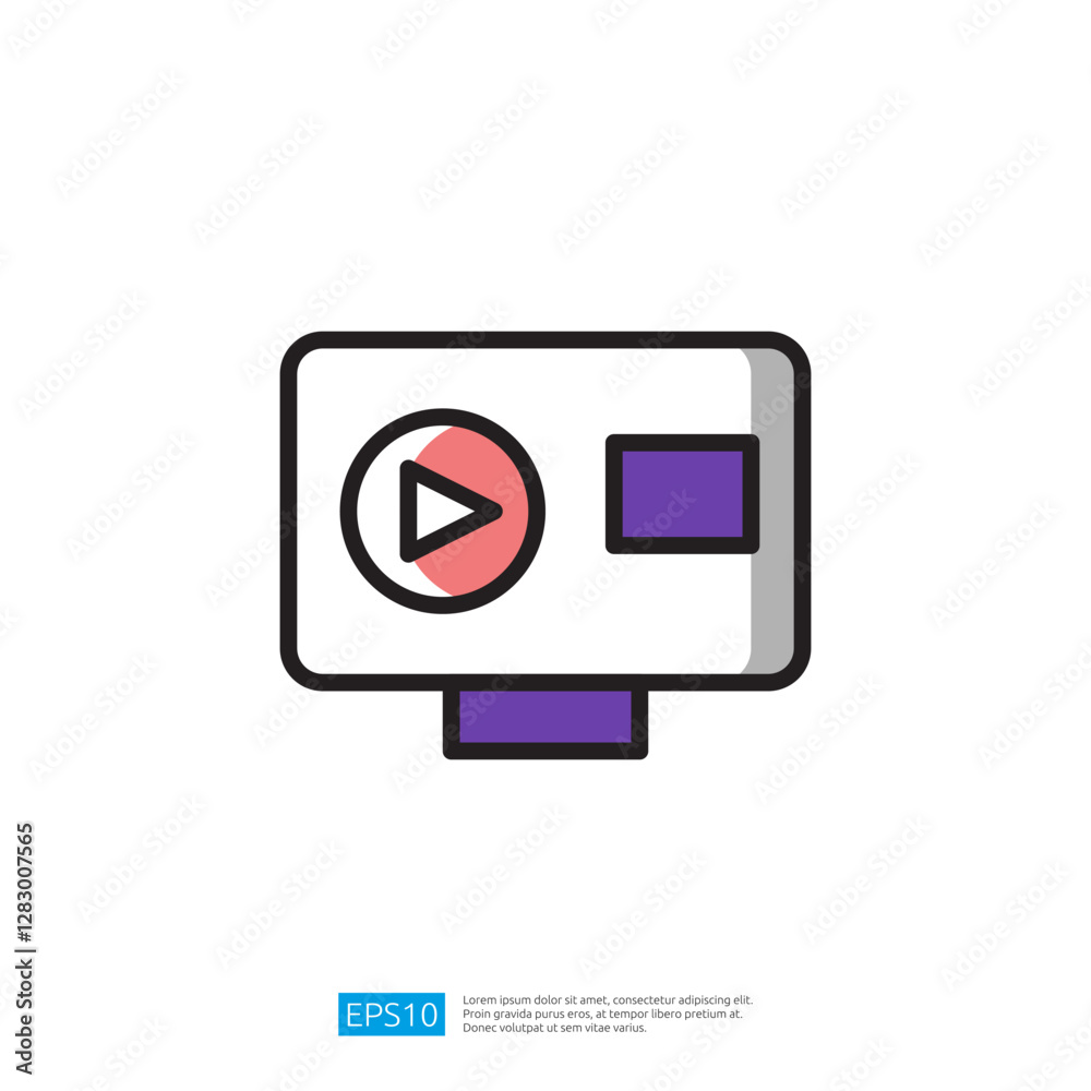 Poster icon of graphic video play button symbol with colorful design for multimedia interface technology in
