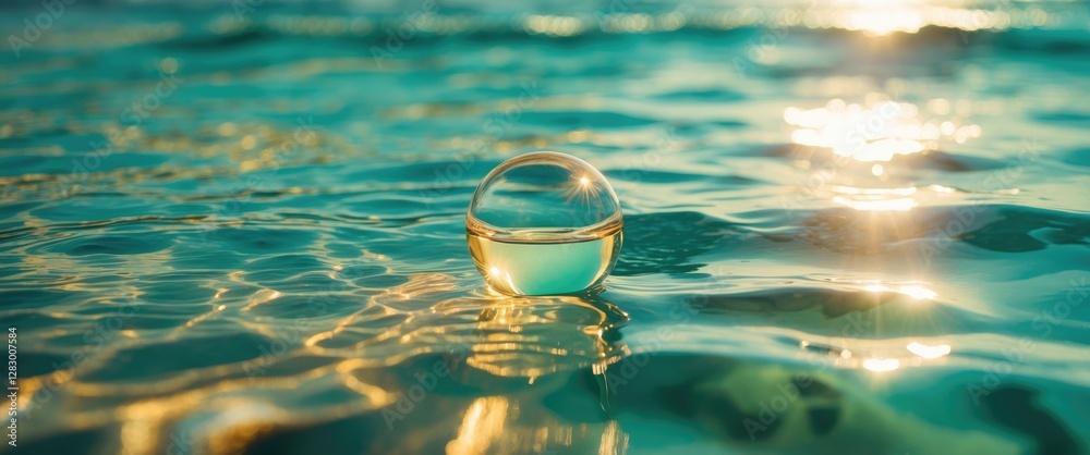 Aufkleber Water surface with floating transparent sphere reflecting sunlight and creating ripples in calm turquoise sea on bright day