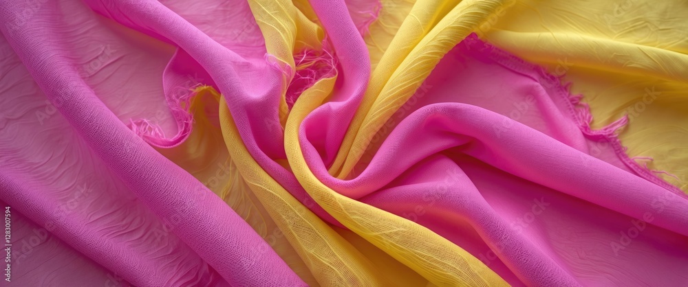 Poster Colorful fabric textile in pink and yellow hues arranged in a flowing pattern with soft texture and delicate folds