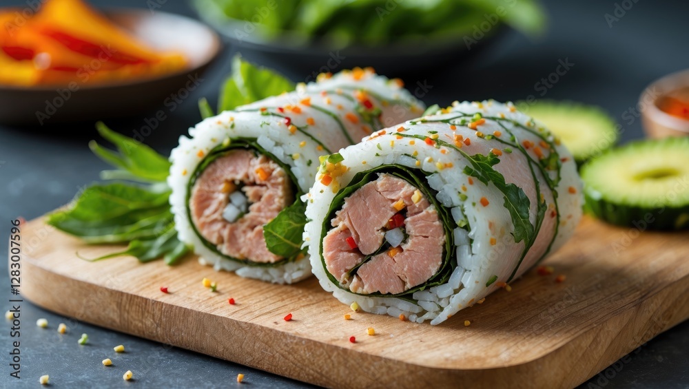 Poster fresh sushi rolls with salmon and vegetables on a wooden cutting board with garnishes and sliced cuc