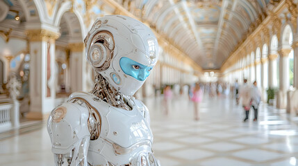 Fototapeta premium Robot in ornate palace hall, exploring; blurred background, future tech concept