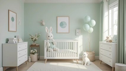 A serene nursery bathed in soft mint green, featuring a cozy crib, adorable bunny, and pastel balloons, creating a peaceful haven for a new arrival.