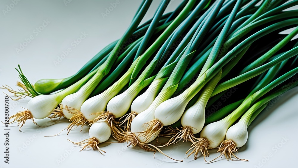 Aufkleber fresh green onions arranged on a white surface showing roots and vibrant green stalks in a bright li