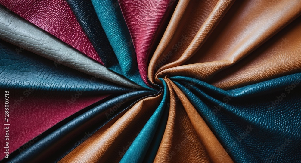 Poster Textured leather surfaces in various colors arranged in a circular pattern showcasing different hues and materials for design purposes
