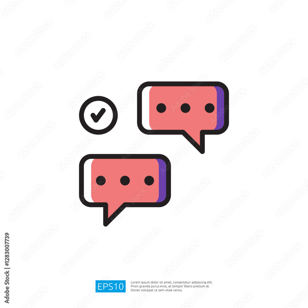 Poster communication icon featuring speech bubbles with check mark for message validation and dialogue conf