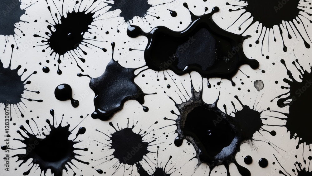Poster Black ink splatters on white canvas creating abstract patterns and textures. High contrast artistic background with paint droplets and stains.