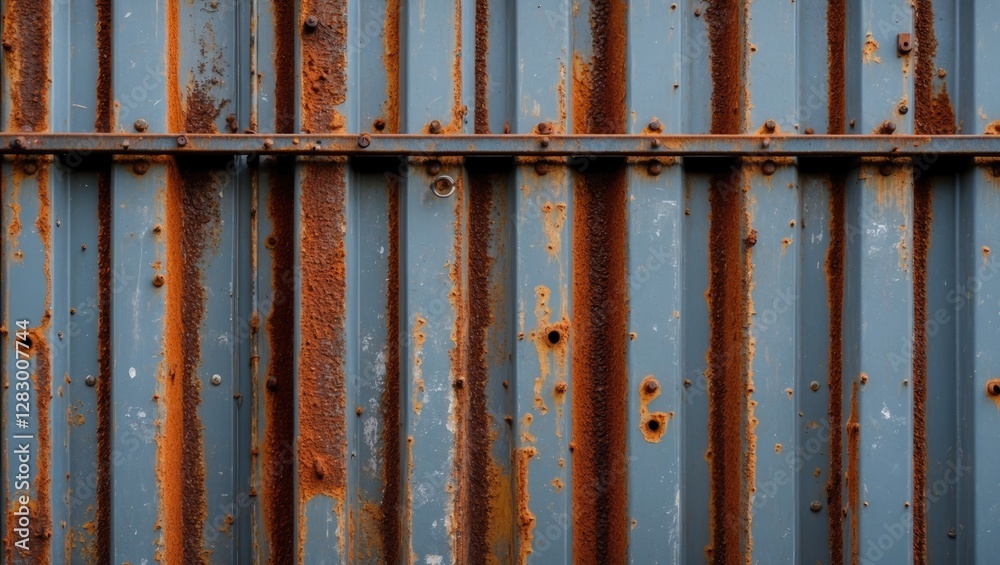 Aufkleber rusty corrugated metal sheet background with lines and patches of orange rust on blue surface