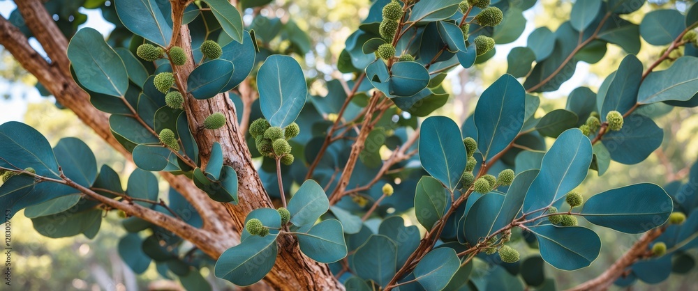 Poster close-up view of a tree branch with green leaves and unripe fruits in natural outdoor setting