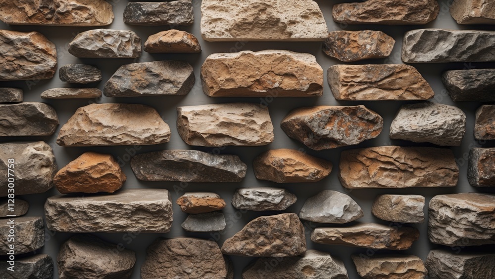 Poster Textured stone wall with various shape and color natural stones arranged in a balanced pattern for architectural or decorative use.
