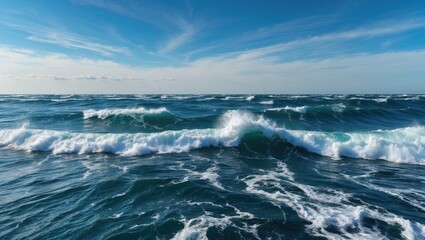 Fototapeta premium Waves crashing on the Baltic Sea with white spray against a backdrop of a clear blue sky and horizon ideal for ocean water texture background.