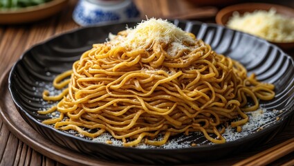 Delicious close-up of mie goreng keju fried noodles topped with grated cheese on a stylish black plate against a rustic wooden background.