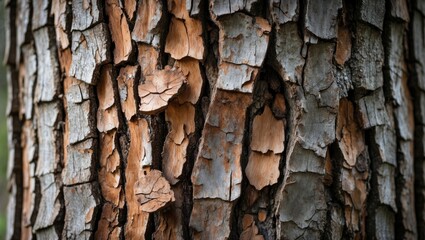 Obraz premium Detailed close-up of textured tree bark showcasing natural patterns and colors of wood in a forest environment