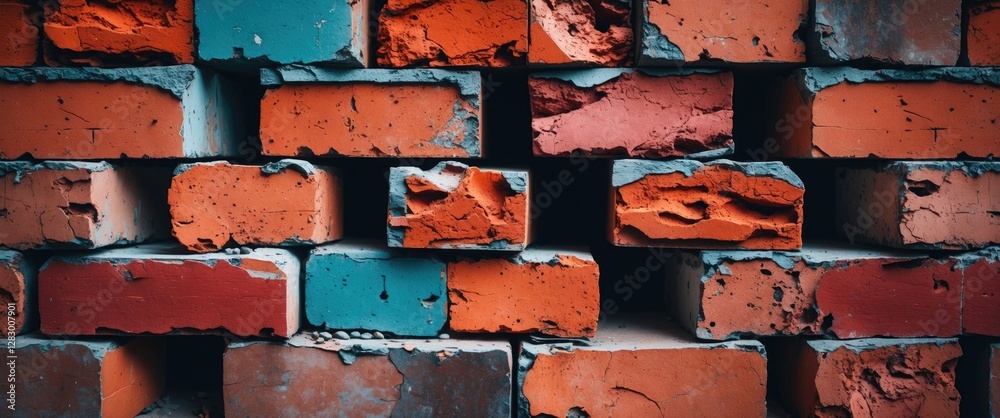 Poster vibrant texture of layered bricks in assorted colors showcasing weathered surfaces and unique patter