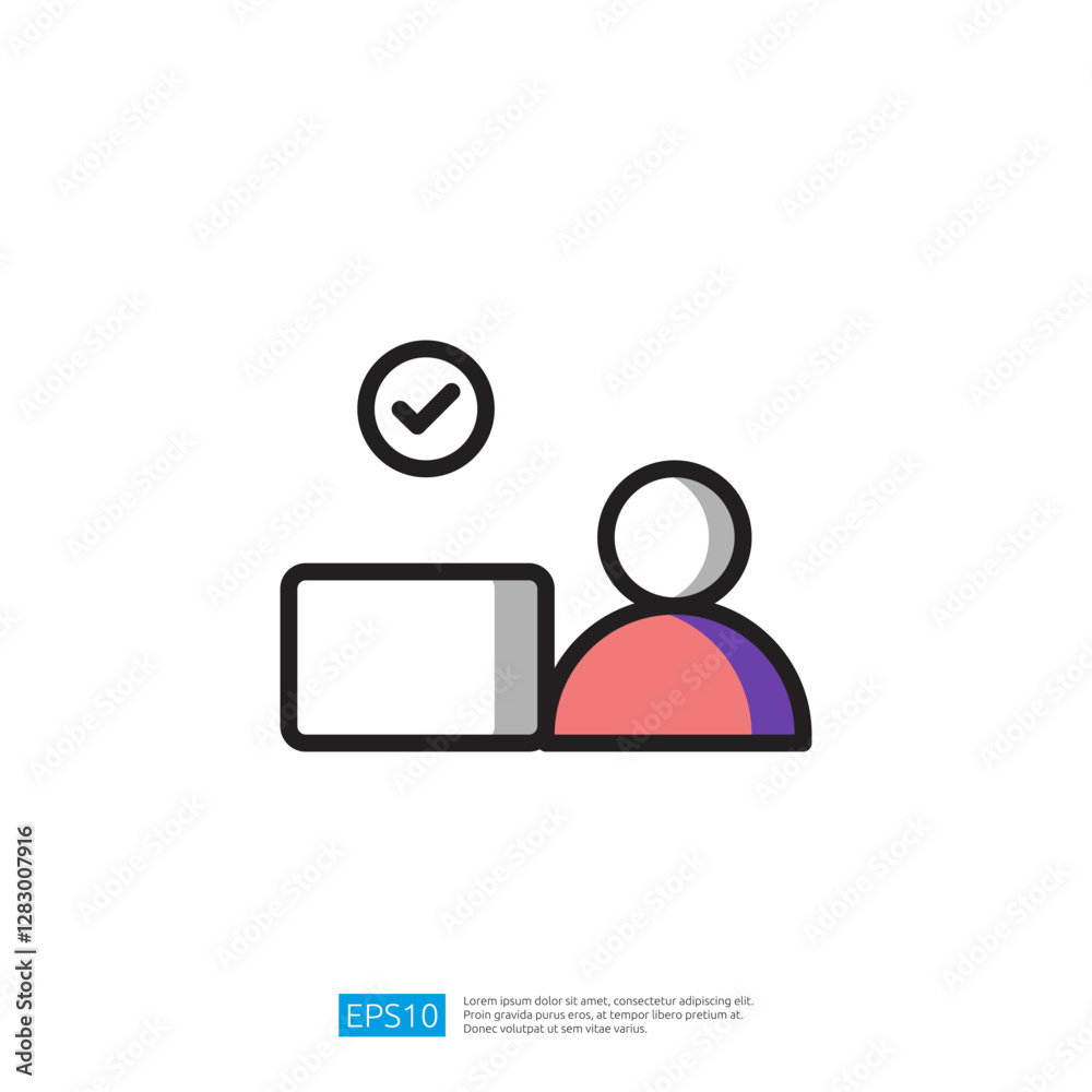Poster icon of a user at a computer with a checkmark symbol indicating success and approval in a digital wo