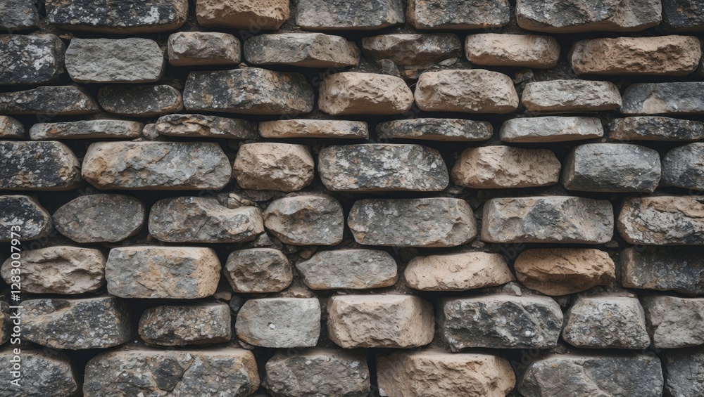 Poster Textured stone wall with irregularly shaped stones in earth tones arranged in a stacked pattern for architectural backgrounds.