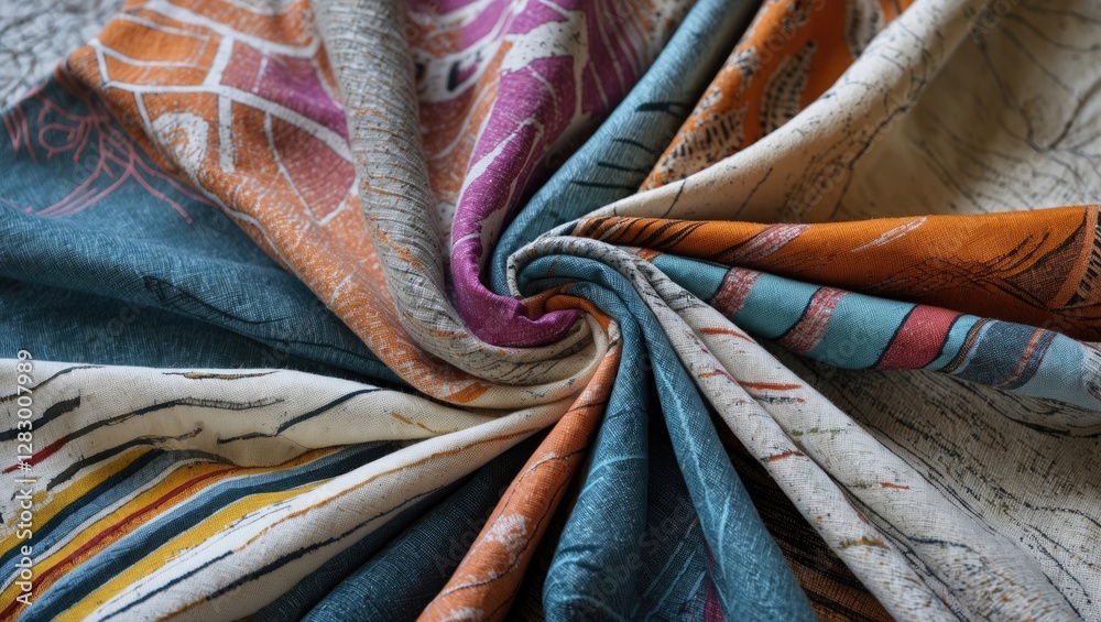 Poster Colorful patterned fabric display with intricate designs arranged in a circular pattern.