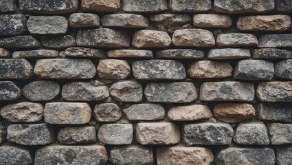 Obraz premium Textured stone wall with irregularly shaped stones in earth tones arranged in a stacked pattern for architectural backgrounds.